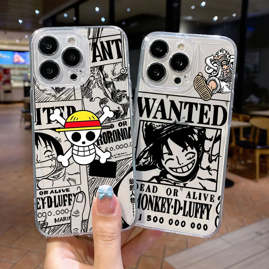 Funda transparente para iPhone 18 17 16 15 14 13 12 11 Pro Max 8 7 Plus Mini X XR XS SE 2020 2022 Luffy One Piece cartel de buscado
