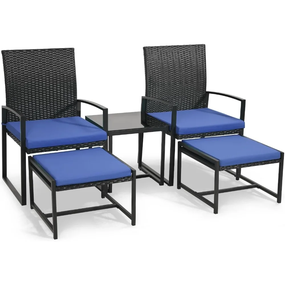 5 Pieces Wicker Patio Conversation Sets, Rattan Furniture Set with Coffee Table and 2 Ottomans, Ideal for Porch, Garden, Yard