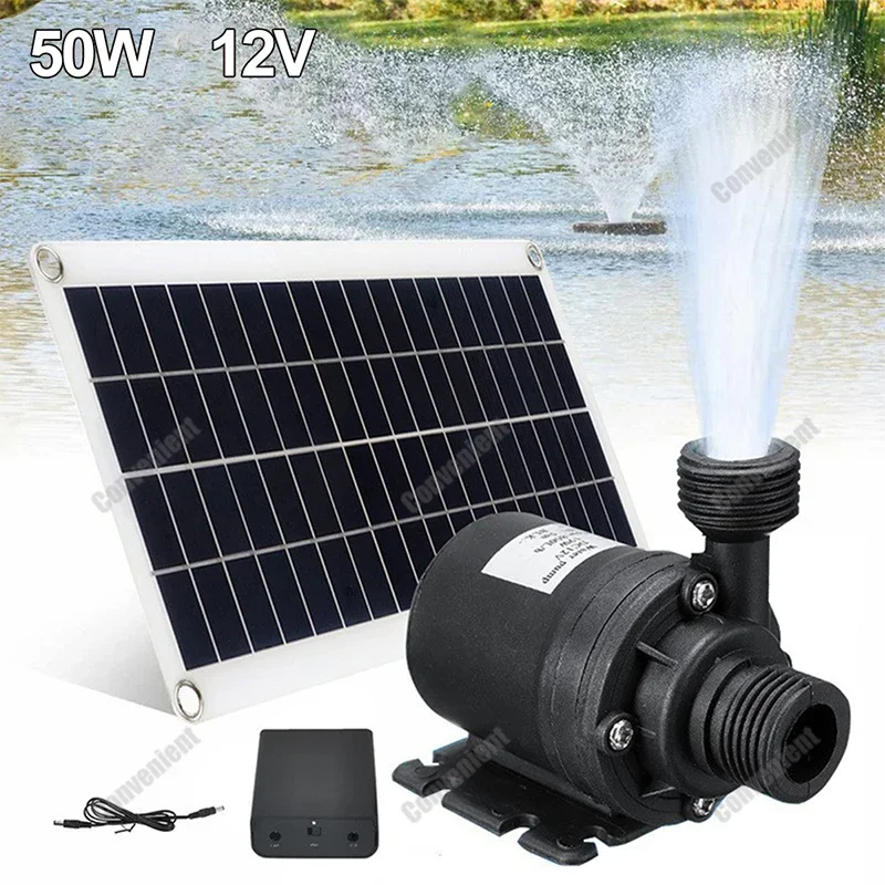 

800Lh DC 12V Низкий уровень шума Бесщеточный солнечный водяной насос Комплекты с солнечной панелью 50 Вт для птиц Ванна Рыба Открытый пруд Сад Двор Функция