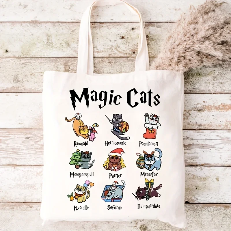 Magic Cat Print Tote Bag, Cat Super Cute Shoulder Bag, Christmas Birthday Gift Bag, Handbag Perfect For School, Travel, Shopping