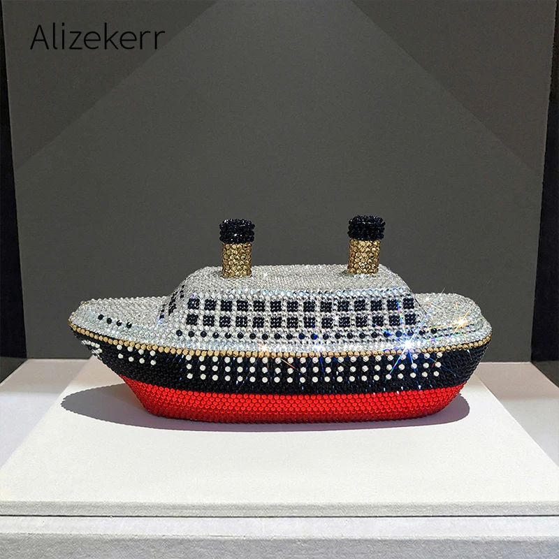 

Alizekerr Ship Shape Crystal Evening Bag Women Luxury Sparkly Flat Bottom Diamond Metal Clutch Purse And Handbag Wedding Party