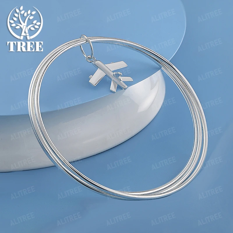 

New Style 925 Sterling Silver Airplane Pendant Round Bangles Women Party Fashion Popular Jewelry Accessories Fine Gift