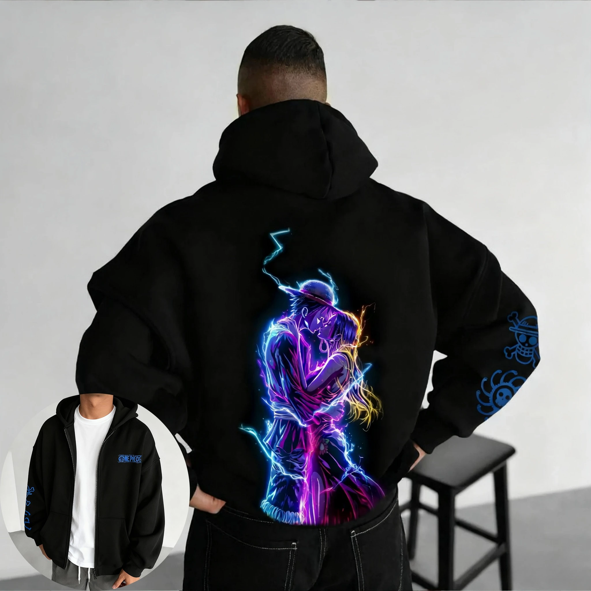 قطعة واحدة رائجة البيع الرجال قلنسوة بسحاب 2026 الربيع/الخريف جديد أنيمي الملونة المطبوعة الهيب هوب سترة فضفاضة غير رسمية