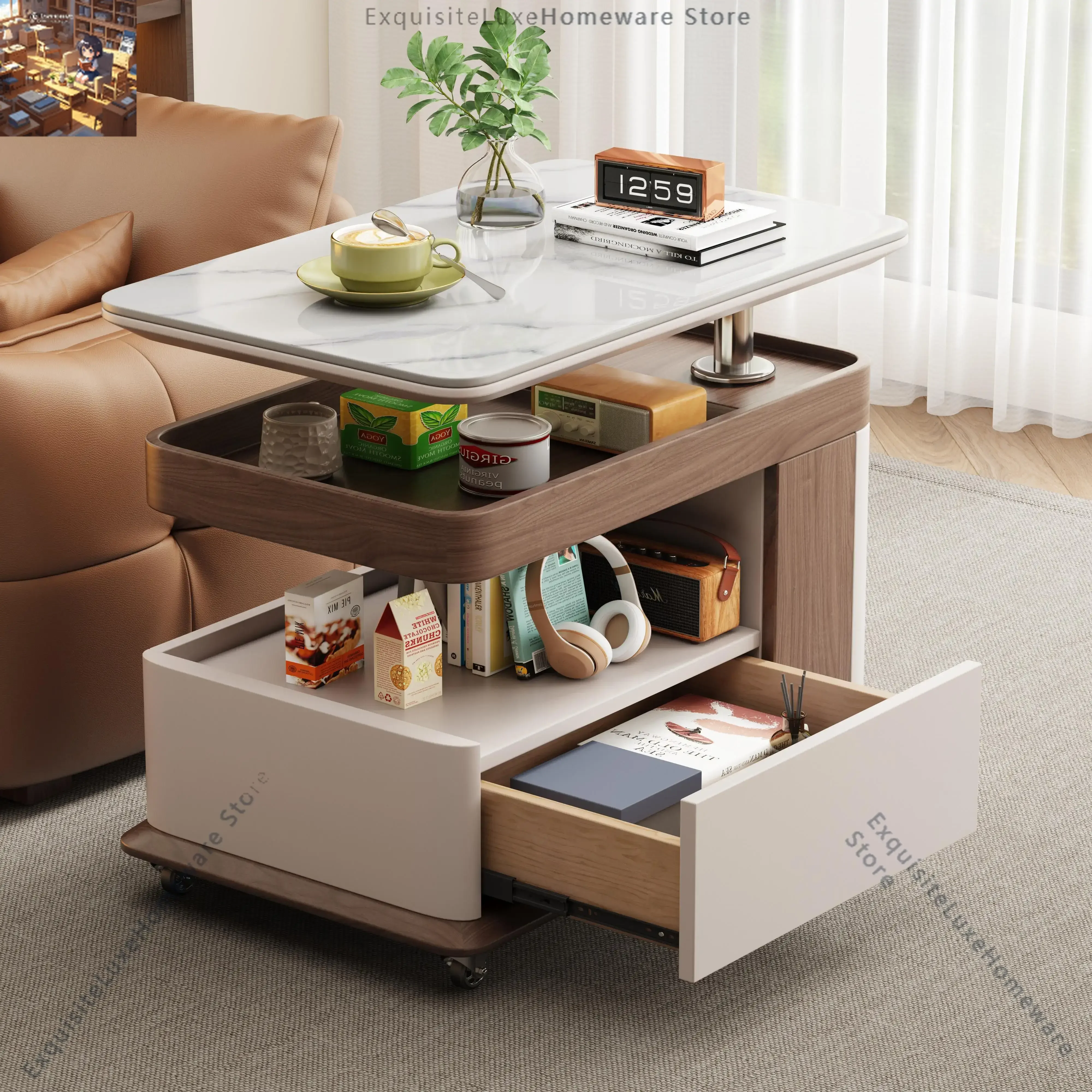 Sofa side table coffee table can be moved in the living room balcony light luxury high-end feeling rock slab can be lifted and l