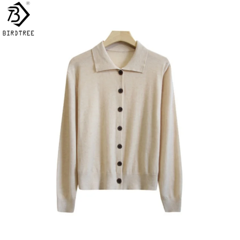 Birdtree, 100% Sheep Wool Cardigan, Lapel Full Sleeve Knitted Tops, Women Single Breasted Loose Coat, 2026 Autumn New T67832JF