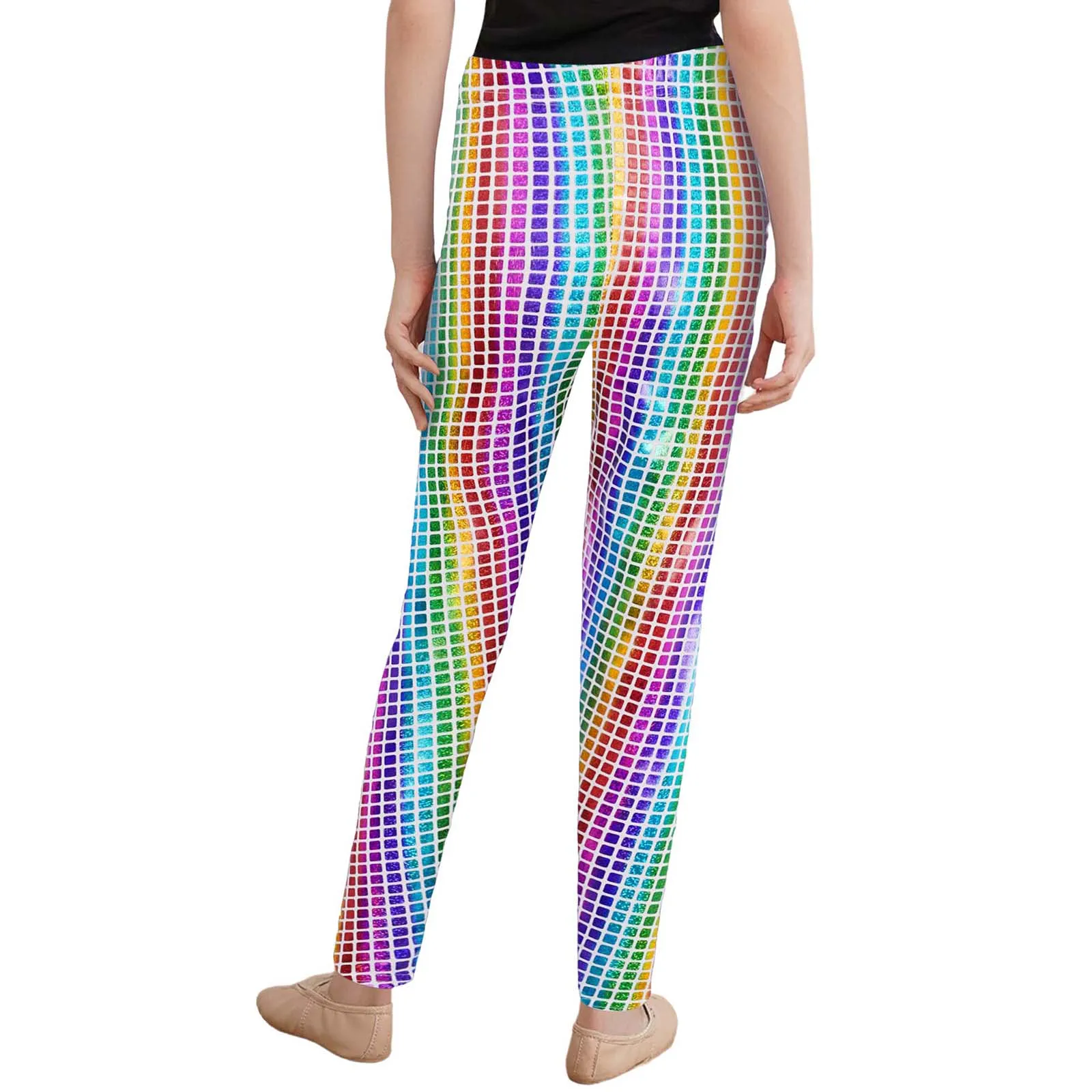 #100-180 Kids Girls Fashion Dance Leggings School Show Stage Performance Costume Metallic Plaid Pants Elastic Waistband Leggings