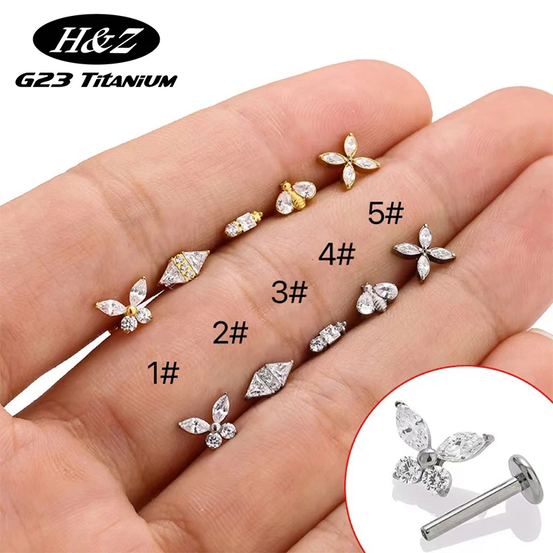 1PC G23 Titanium Zircon Butterfly Cartilage Earrings 16G Internal Thread Lip Stud Helix Ear Stud Tragus Lobe Piercing Jewelry