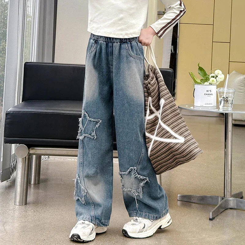

Spring Star Design Casual Loose Jeans for Girl Elastic Waist Fashion Kids Straight Pants Hot Sale Teens School Children Trousers
