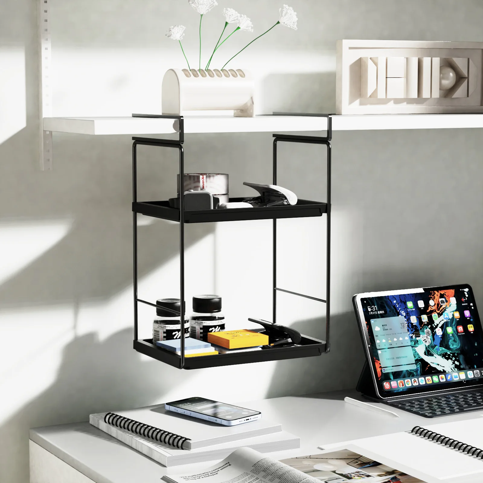 JanusLiang2024 New Product Dual purpose 2-in-1 Suspended Desktop Storage Rack Layered Multi purpose Large Capacity