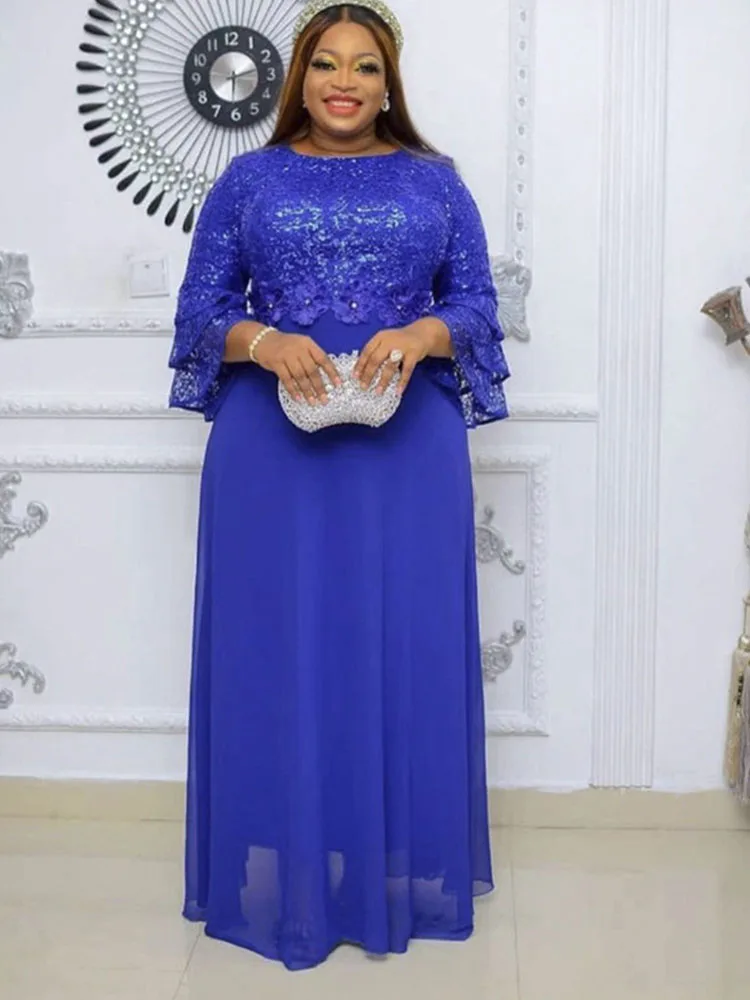 Doyerl-maxivestido de gasa con lentejuelas brillantes para mujer, vestido elegante de celebridad con manga acampanada y cuello redondo, cintura alta, vestidos de fiesta para graduación y Club