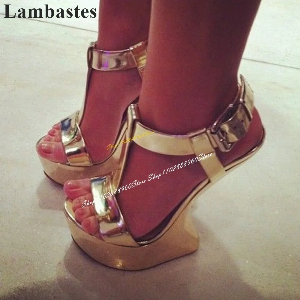 

Sexy Gold T Strap Metallic Platform Sandals Strange Style Heel Women Shoes Ankle Buckle Strap Open Toe 2024 Zapatos Para Mujere