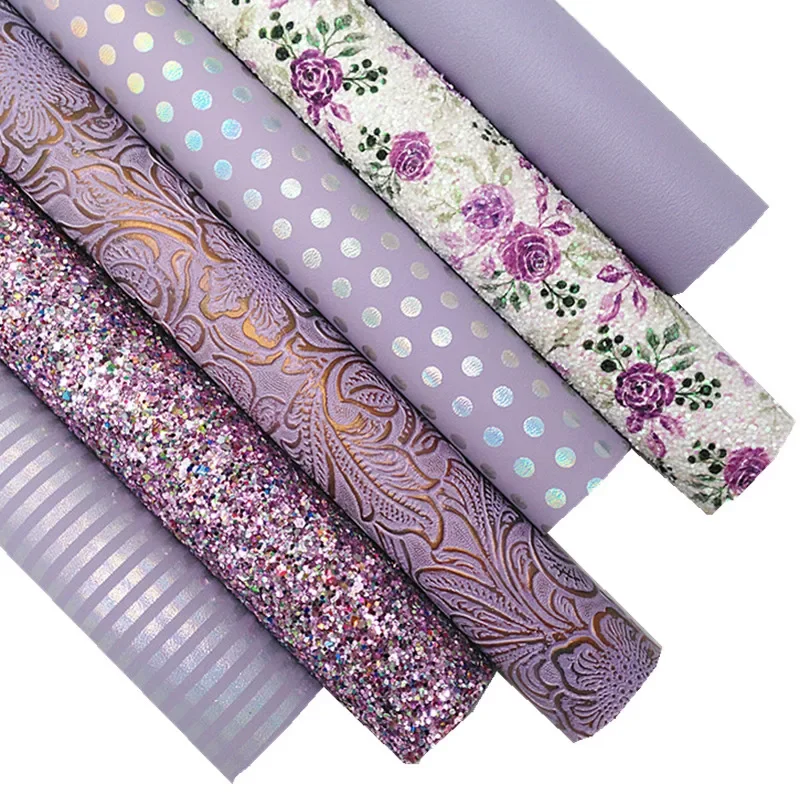 Purple Glitter Leather Sheets Roses Printed Glitter Faux Leather Dots Stripes Faux Leather for DIY Craft 8.2