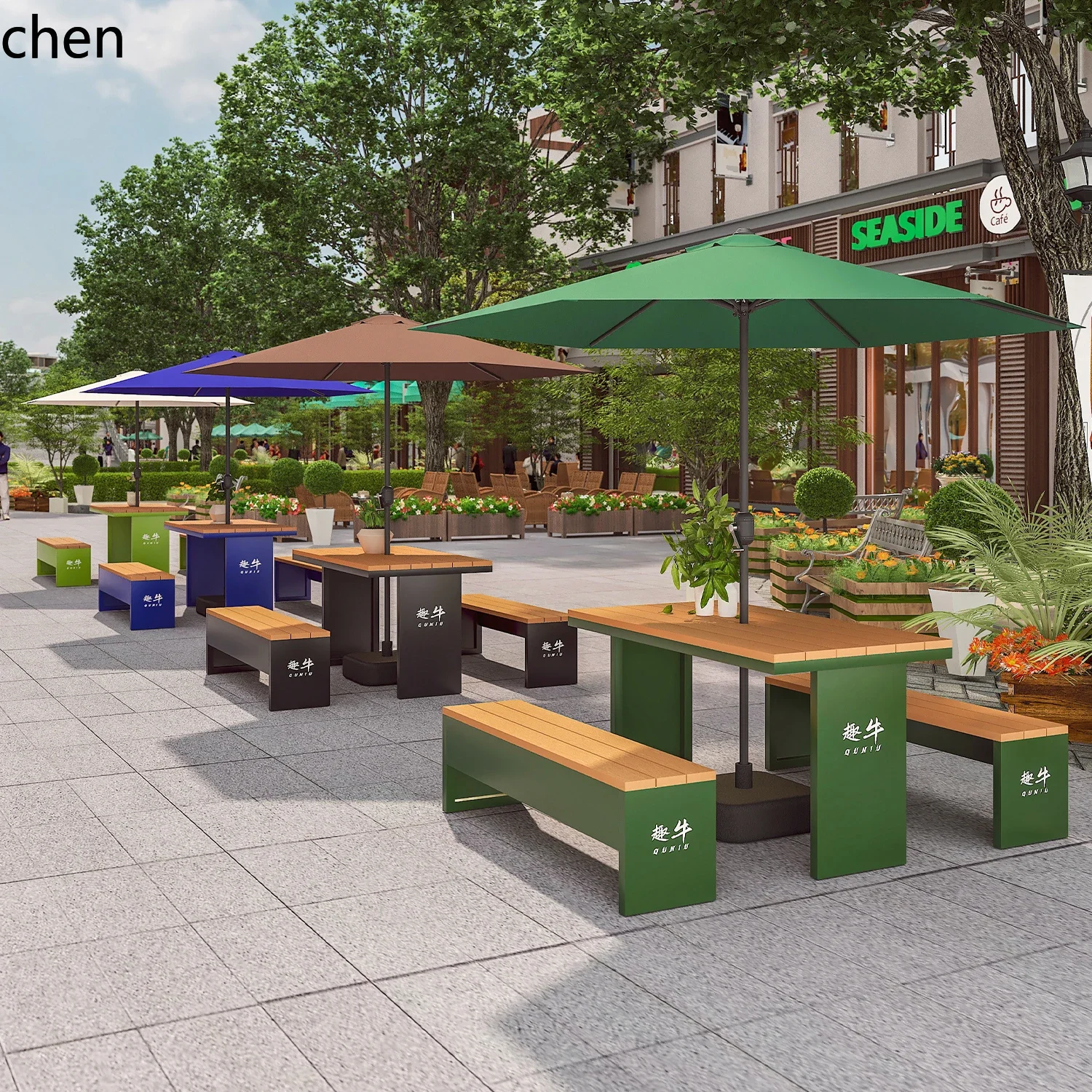 L13-Outdoor Commercial Street Public Rest Seat Barbecue Shop Long Bench Dining Table and Chair Set