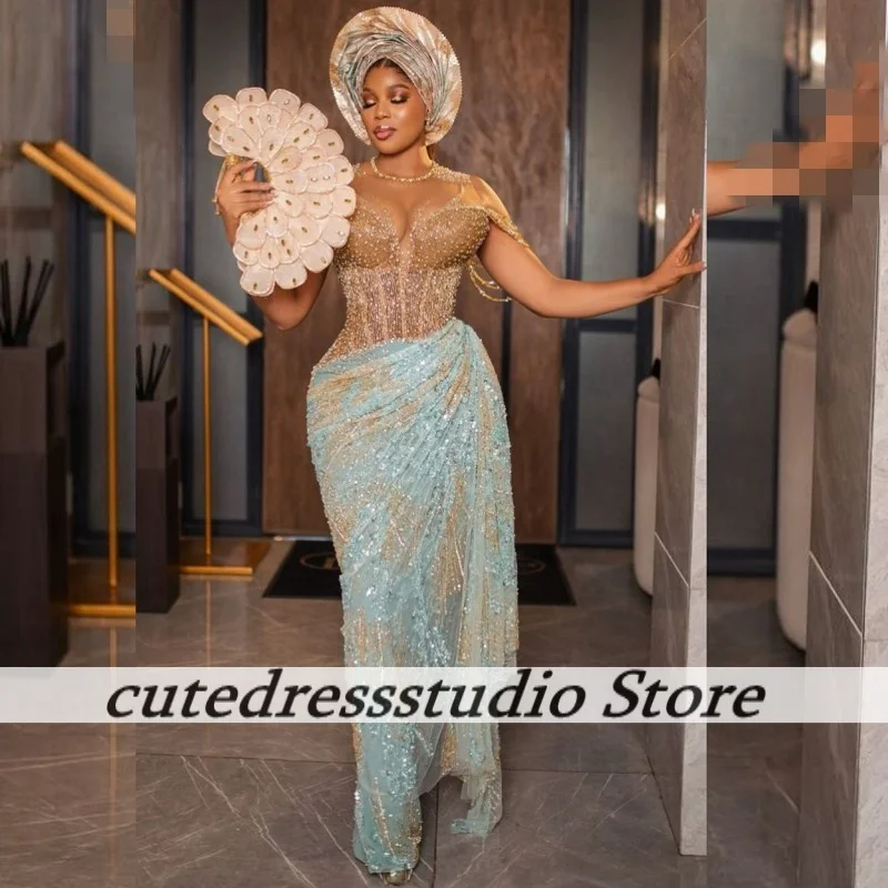 

South African Shinny Beaded Mermaid Evening Dresses For Women Aso Ebi Style Wedding Party Dress Prom Gowns Luxurious Customized