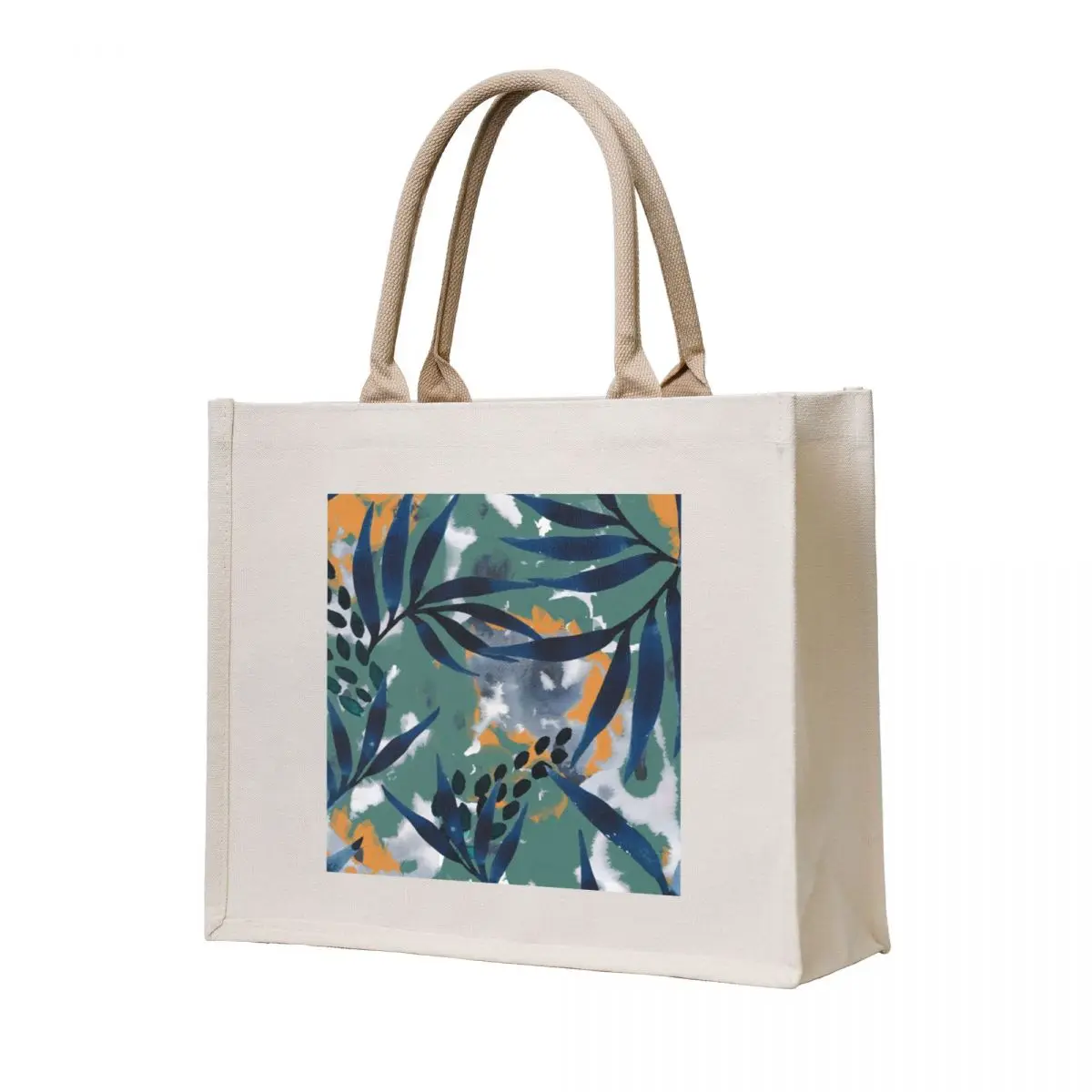

Indigo leaf pattern on green and orange background with blue flowers Tote Bag Gift bag reusable grocery bags eco bag folding