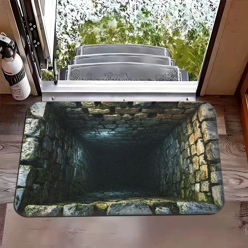 VIKAMA Retro Stone Tunnel Depth Visual Illusion Mat, Non-Slip Entrance Rug for Foyer & Bathroom, 3D Optical Home Decor