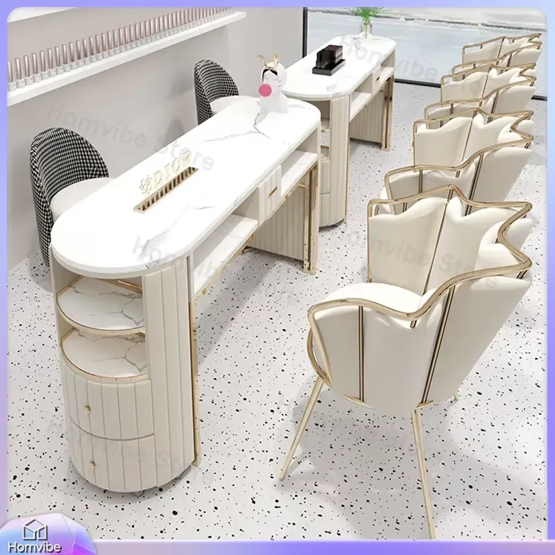 Modern Luxury Nail Table with Sintered Stone Countertop Metal Frame Pink Manicure Desk Salon Furniture with Storage for Nail