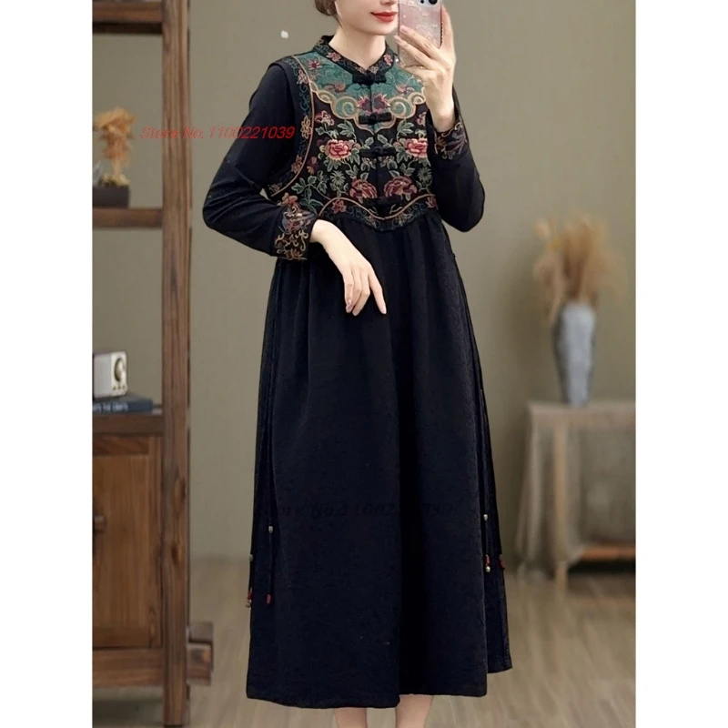 ชุดฮั่นฝูแบบดั้งเดิมของจีนปี 2025 ปักลายดอกไม้ประจำชาติ ผ้าฝ้ายผสมลินิน แขนกุด ลายแจ็คการ์ด สไตล์ย้อนยุค ทรงเอไลน์ ชุดพื้นเมือง