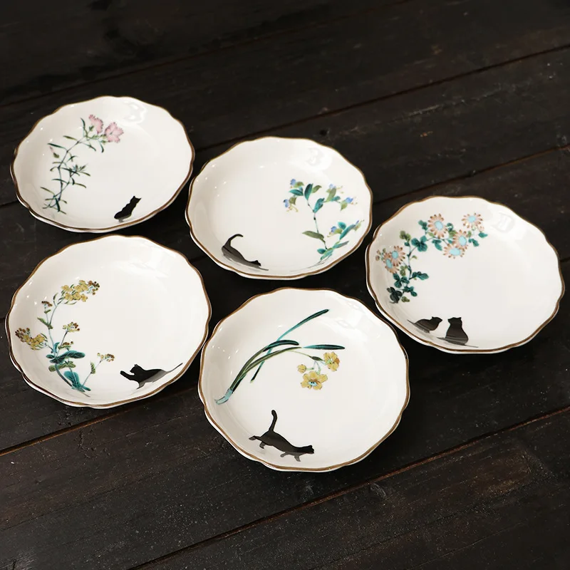 Japan Imported Kutani Ceramic Tableware Cute Cat 4.5-Inch Plate Dim Sum Plate Sauce Plate Set