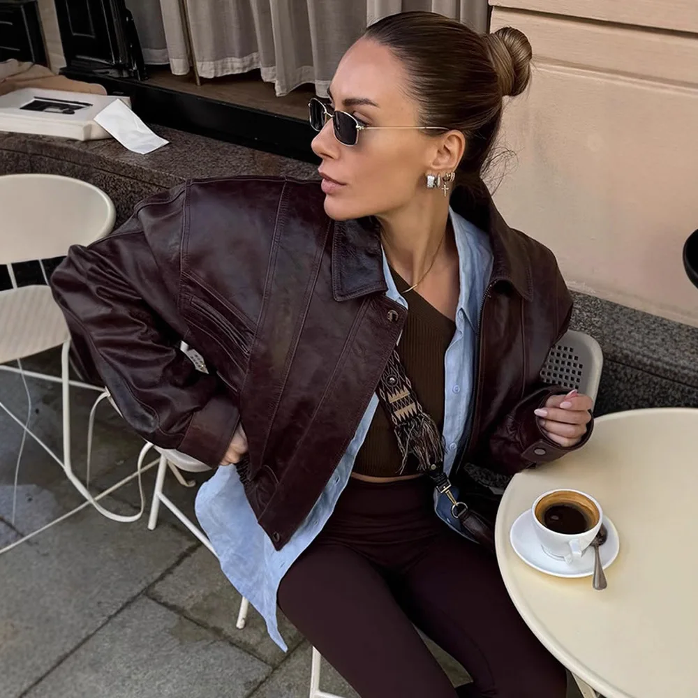 

Retro Brown Women Autumn Jacket Lapel Collar Zipper Fly Long Sleeve Coat For Female Minimalsit High Street Lady's Outerwear