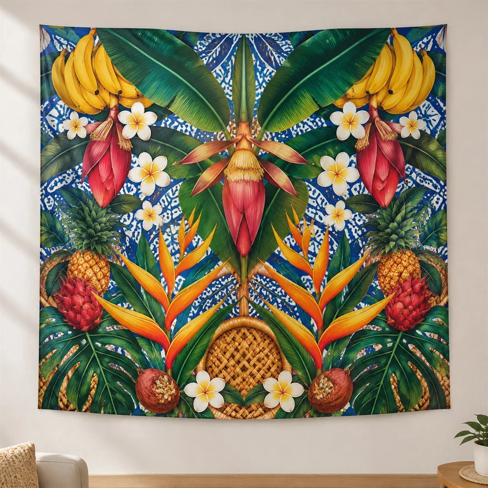 VIKAMA Tropical Flowers Fruit Mirror Symmetric Tapestry Wall Hanging, Tropical Wall Decor Tapestries for Living Room Bedroom