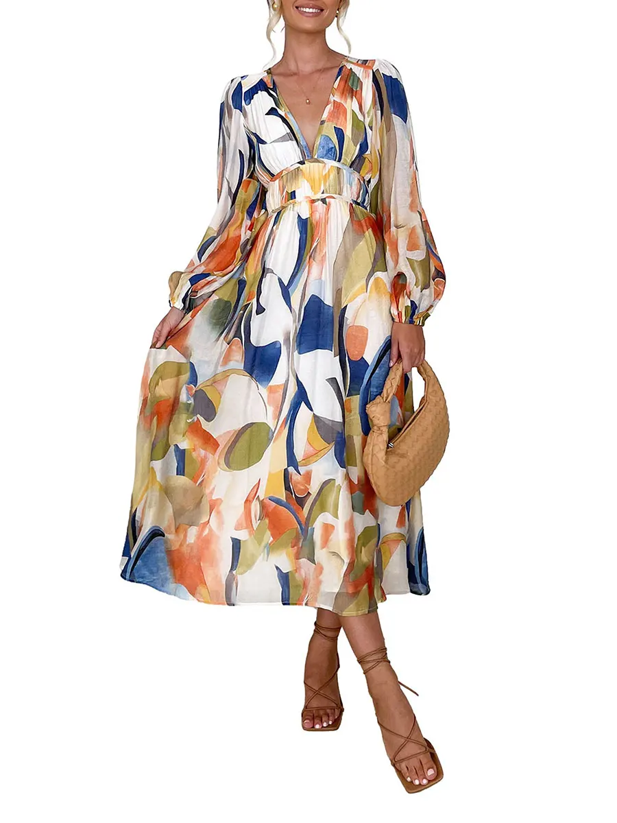 Vestido longo estampado floral feminino, Vestido Maxi Decote em V, Ruffle Flowy, Boho Smocked Vestidos, Bohemian Summer Beachwear