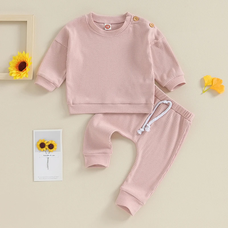 2023-09-04 Lioraitiin 0-24M Infant Baby Boys Girls Waffle Fall Outfits Solid Color Long Sleeve Sweatshirt Tops Pants Clothes Set