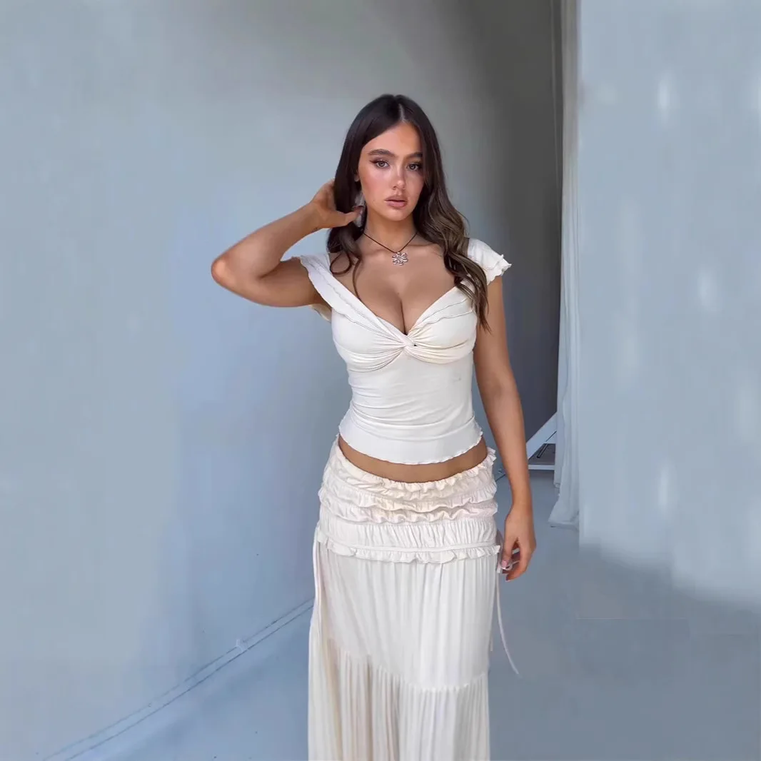 

2 Pieces Set For Woman Fashion Women Outfit Crop Top + Long Skirt Sets Summer Elegant Vacation Ruffle Beach Holiday Outfits