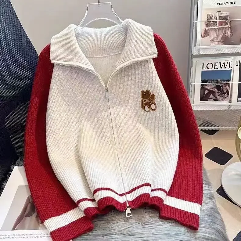 

Purple Splicing Zipper Women Cardigan Bear Embroidery Knitted Sweater Women Long Sleeve Slim Lady Korean Fashion Winter 2024 New
