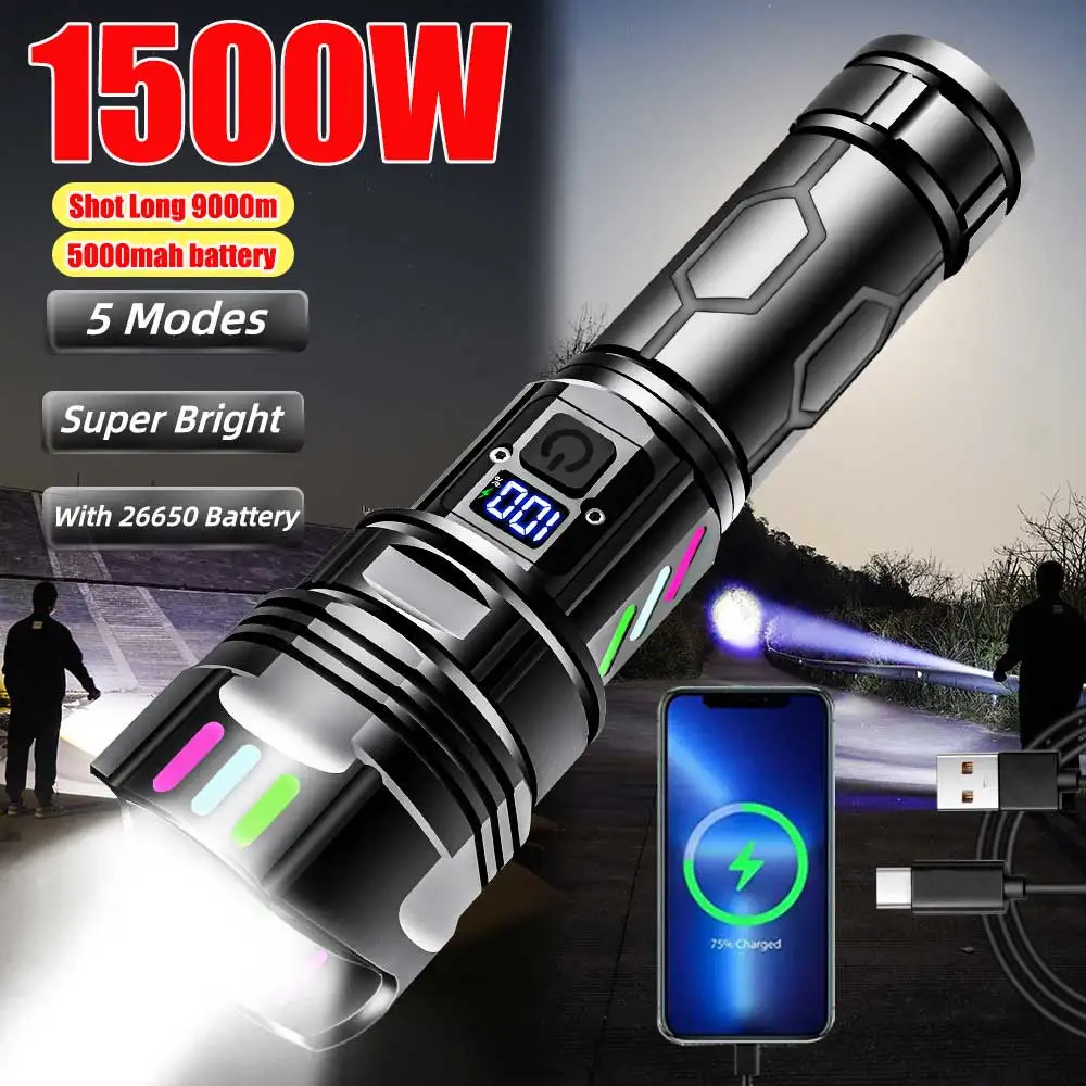 2024 New 5000mAh White Laser High Power LED Flashlight Type-C Rechargeable LED Torch Ultra Powerful Outdoor Tactical Lantern