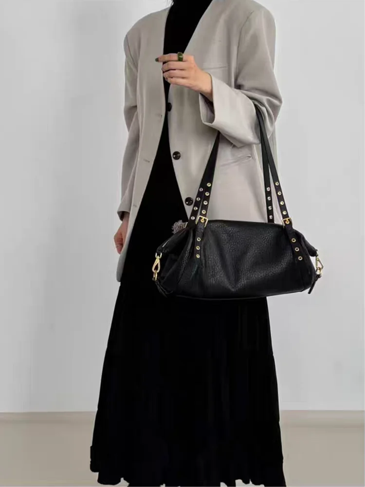 Black Fashion Unique Genuine Leather Women Tote Bag\Handbag Simple Real Leather Lady Shoulder Crossbody Bag