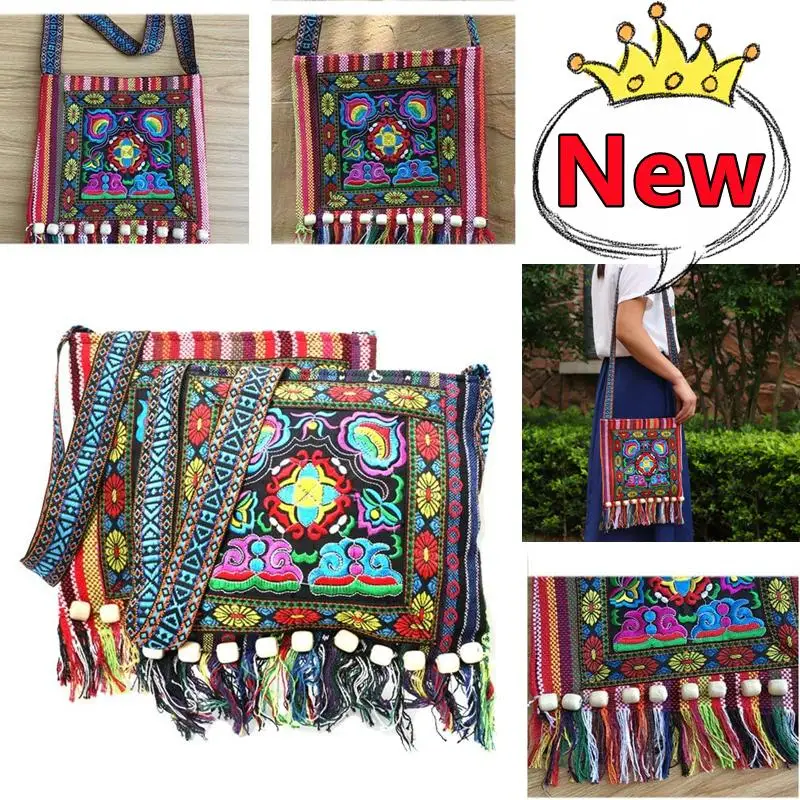 

New Women Vintage Tribal Ethnic Thai Indian Boho Tassel Cotton Linen Shoulder Bag Embroidery Flower Tapestry Tote Messenger Bags