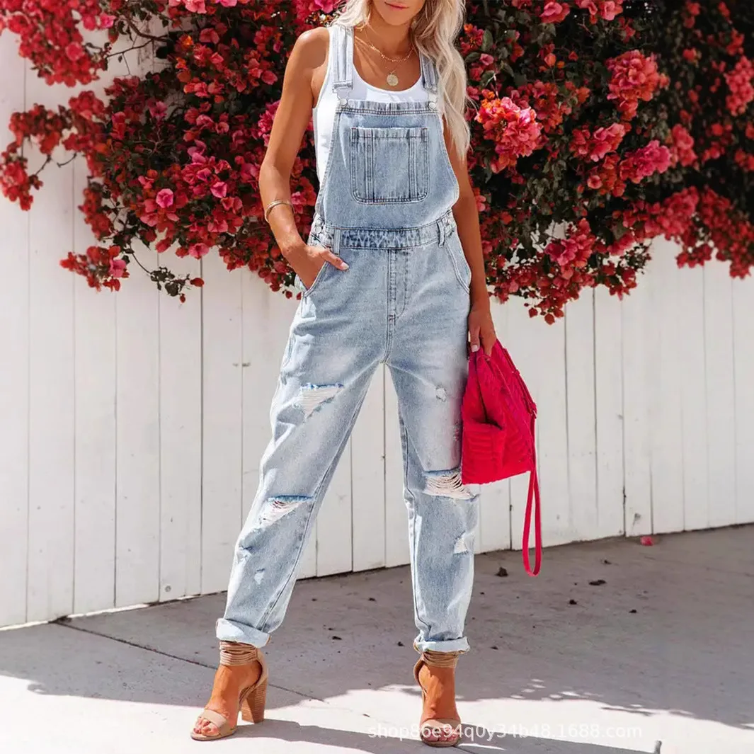

Washed Ripped Casual Denim Suspenders. New Fashion Light Blue European American Style Jumpsuits for Women in Spring and Summer