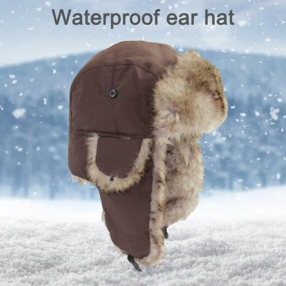 Men Winter Lei Feng Hat Thickened Plush Ear Fuzzy Faux Fur Windoroof Waterproof Adjustable Heat Retention Outdoor Ski