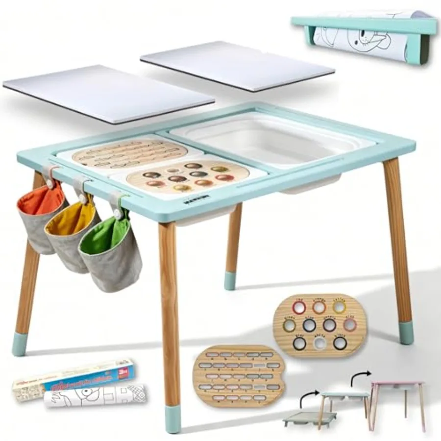 

Sensory Table for Toddlers: Wooden Lids Green, with Paper Roll Holder, 3 Storage Bins, 3 Storage Bags, 8 Markers, 2 Whiteboards