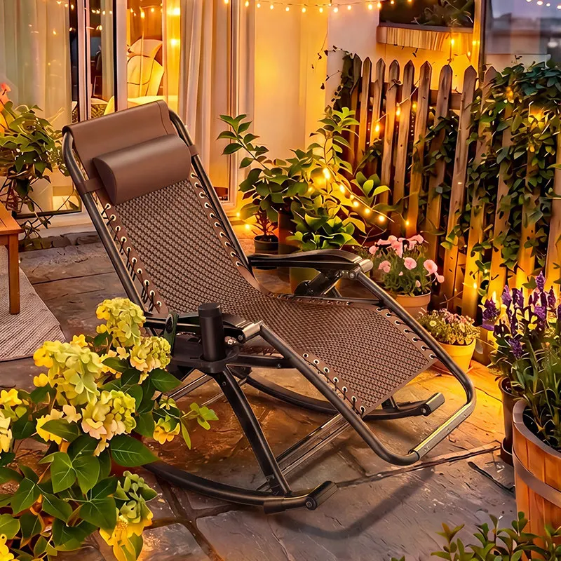Balcony Leisure Rattan Rocking Chair Lunch Break Reclining  Foldable Chair Elderly Living Room Back Sofa Chair