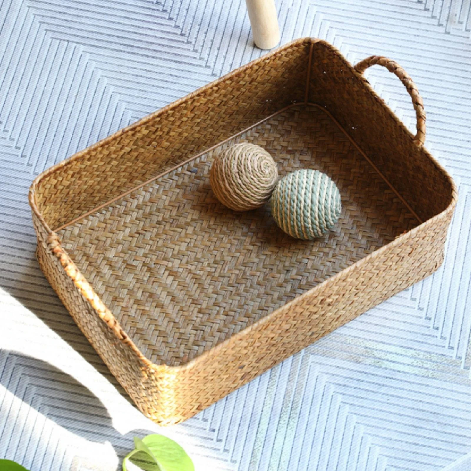 

Handwoven Straw Basket Braided Rectangular Storage Basket Woven Bin Tan-Brown Space Saving for Shelf