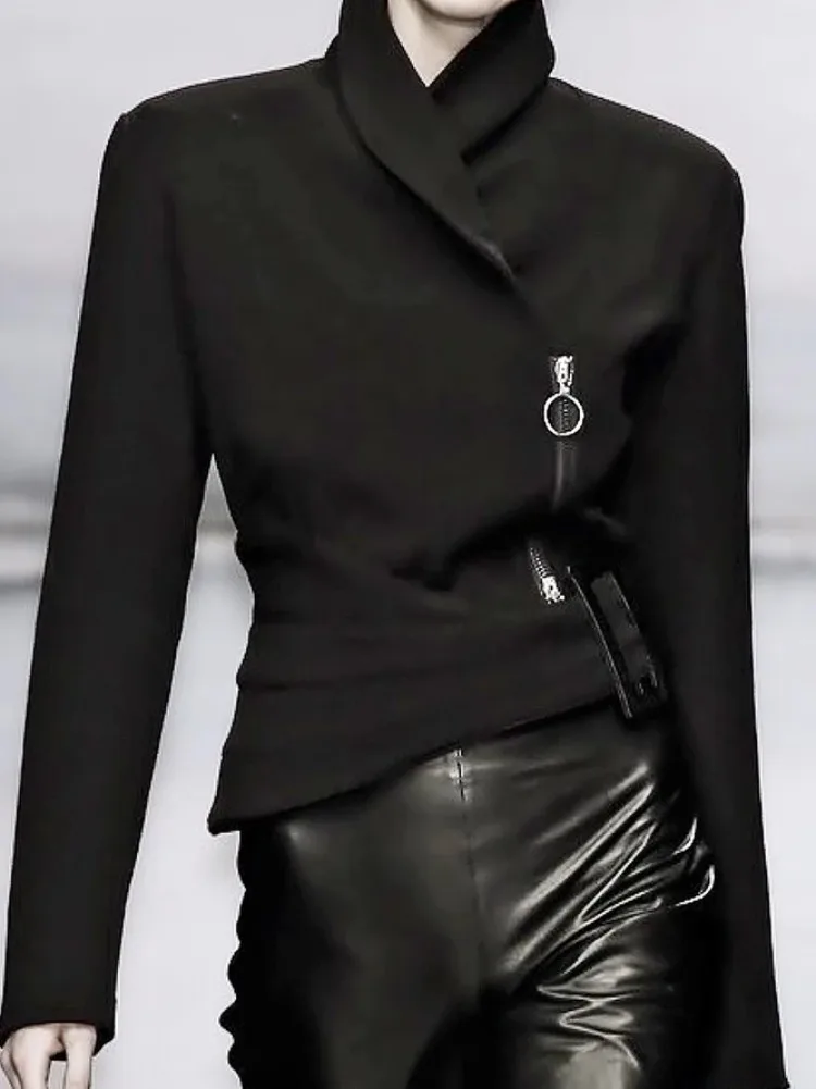 Women Asymmetric Wrap Stand Collar Jacket Zipper Long Sleeve Slim Fit Cropped Coat Black Fashion Streetwear Outerwear