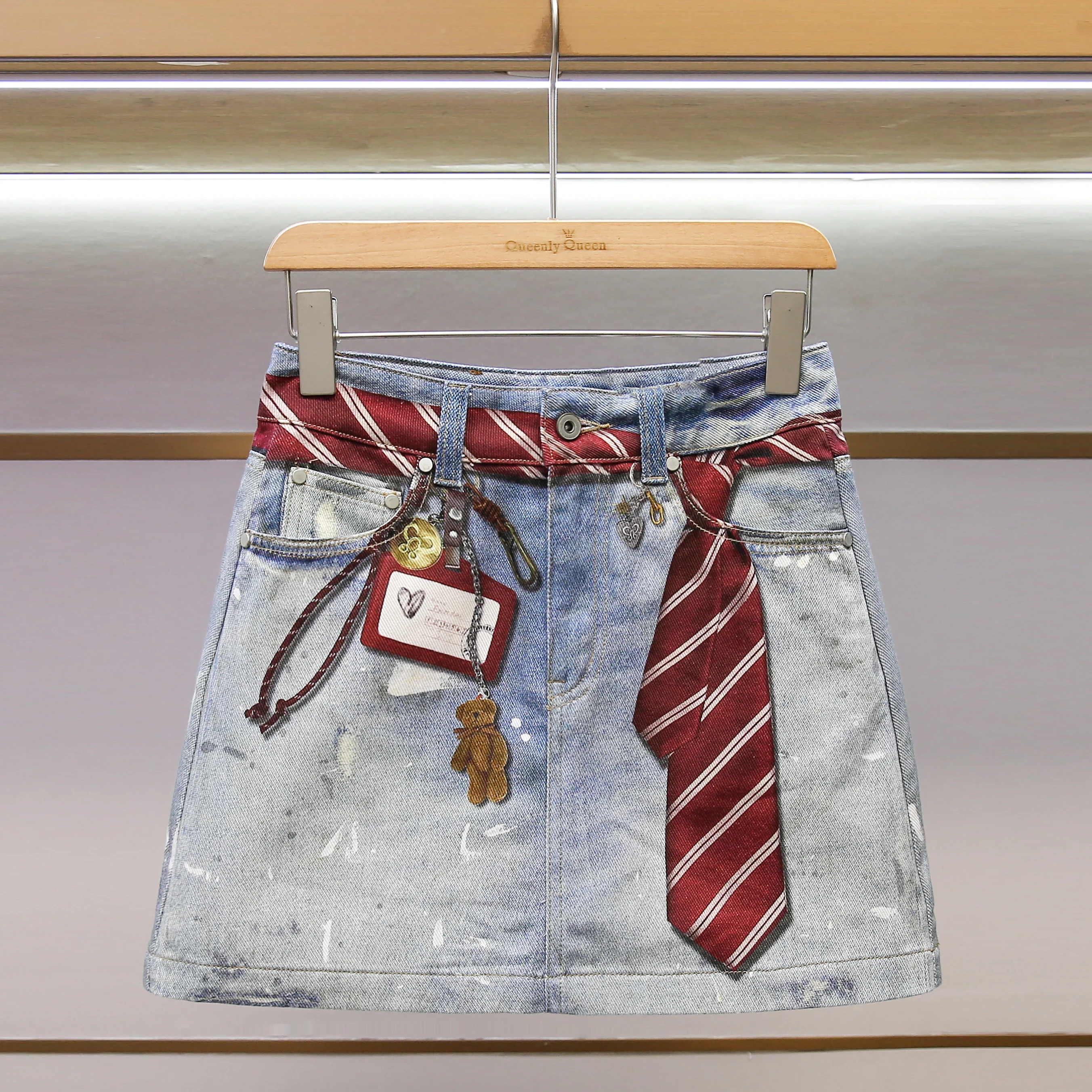 

High-End Women's Faionable Denim Skirt with Tie Bae Print Casual High Waist A-Line Skirt for Ci Commuting