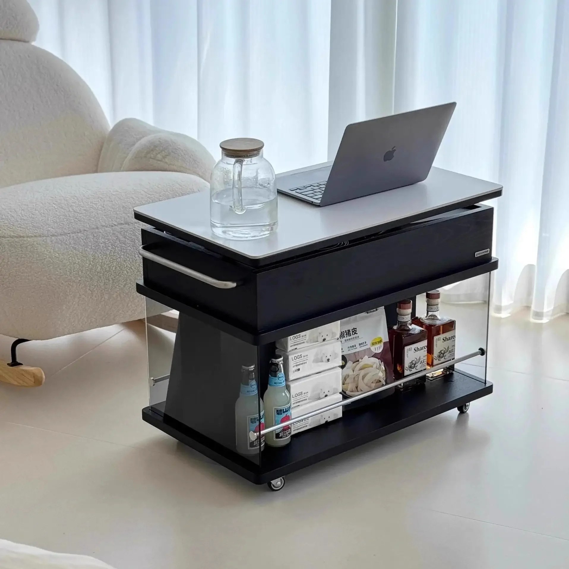 Light luxury solid wood liftable coffee table living room household small apartment balcony tea table modern simple mobile side