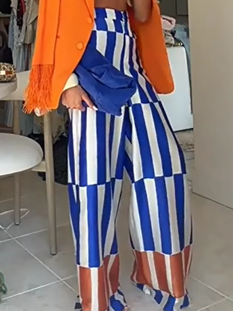 Women Autumn Fashion Striped Printed Casual Trousers Simple Elegant Wide Leg Pants Patchwork Streetwear Holiday Pants for Ladies