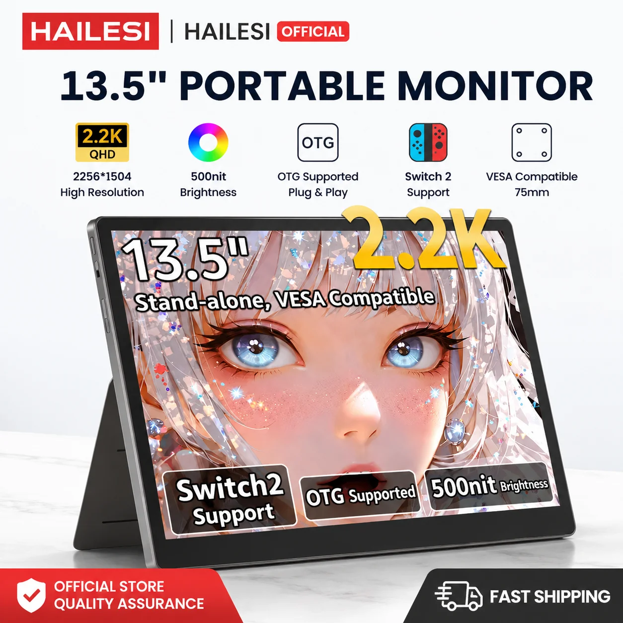 HAILESI S135 Portable Monitor for Switch/Switch 2 Laptop 13.5inch 2.2K 2256x1504P Travel Mini Monitor IPS Display 100% sRGB