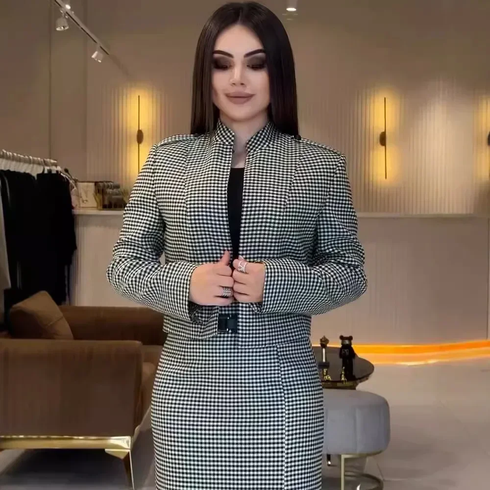 

Women Plaid Printing Long Skirt Suit 2024 Autumn Ensemble Full Sleeve Short Coat Split Skirts Two Piece Sets Office Lady Outfits