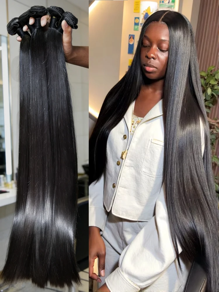 

30, 40 дюймов, прямые пучки человеческих волос, бразильское необработанное переплетение Remy, 100% необработанный уток, натуральный черный для женщин