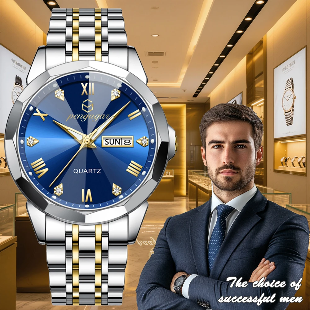 

PENGAGAR мужские часы с ромбом и зеркалом, оригинальные кварцевые часы для мужчин, водонепроницаемые светящиеся наручные часы из нержавеющей стали, мужские часы с датой недели