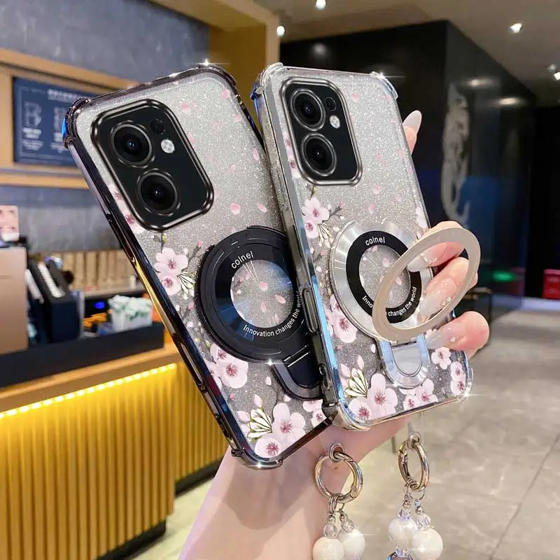 Reno13F Pearl Strap Glitter flower Phone Holder Case For Oppo Reno 12F 13F 12 13 11 10 8 8T 6 9 Pro Plus 4G 5G Reno12f Cover