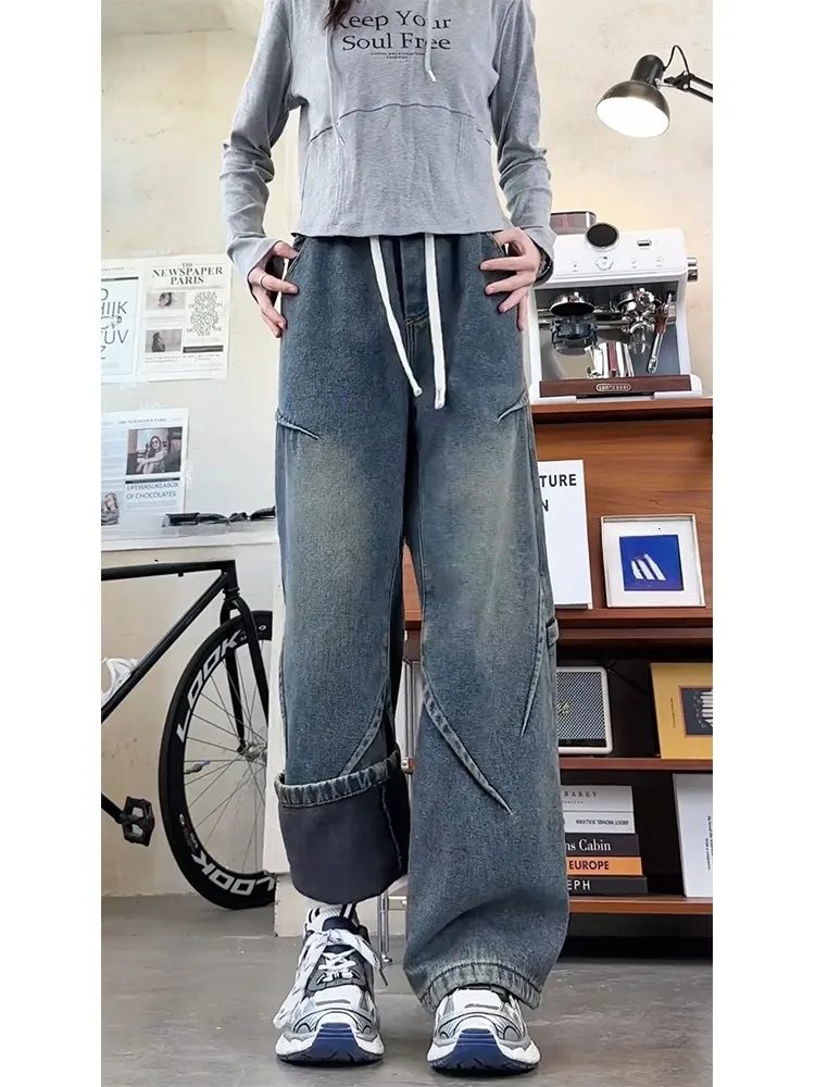 

Retro Blue Fce Lined Flared Jeans Men's Straight Leg Folded Design CleanFit Bootcut Pants Autumn Winter Youth Faion