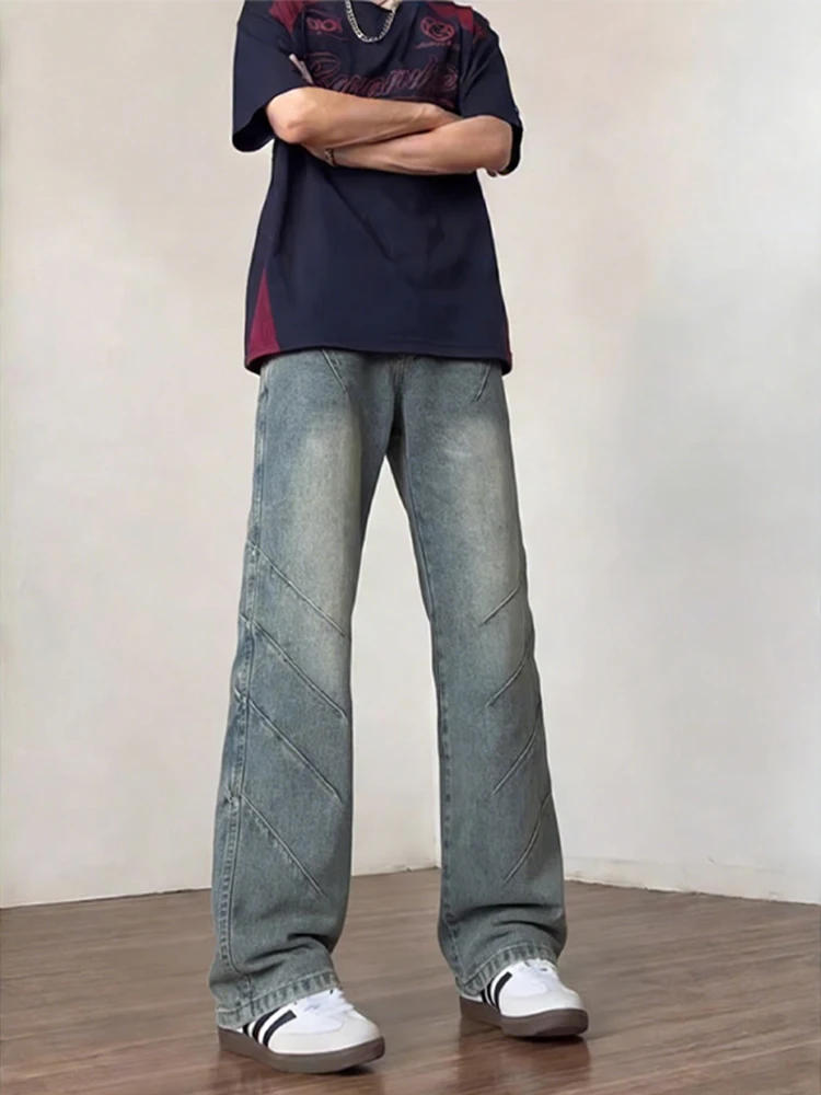 

Retro Blue Pleated Workwear Jeans Men's High Street Vibe Vintage Flared Pants Lift Waist Slim Straight Long Trousers