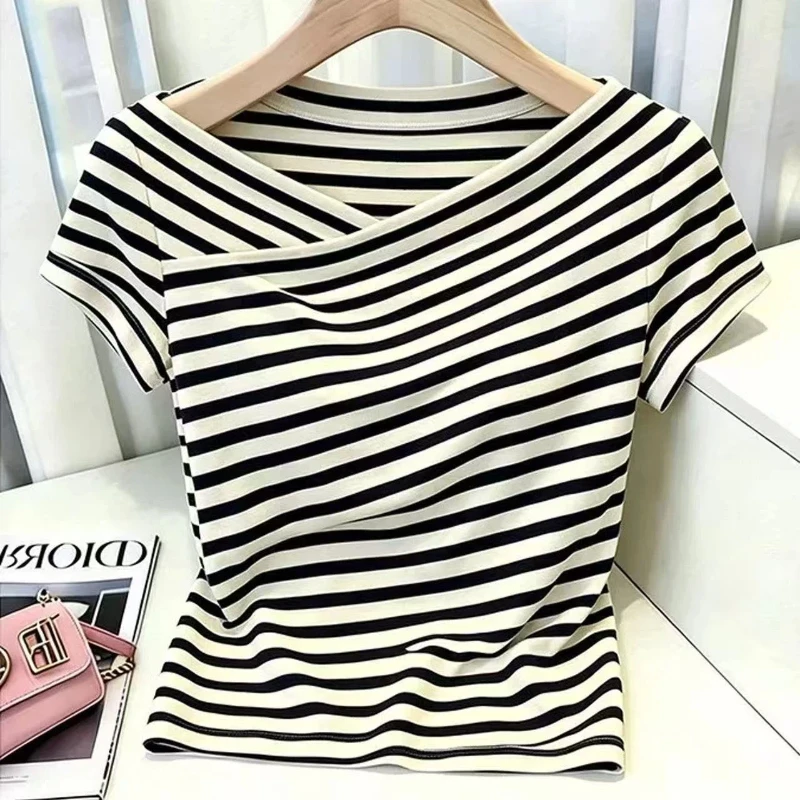 Irregular All-match Striped Short Sleeve Street Casual Tops Women Clothes New V Neck Vintage Youth T Shirts Fashion Trend Summer