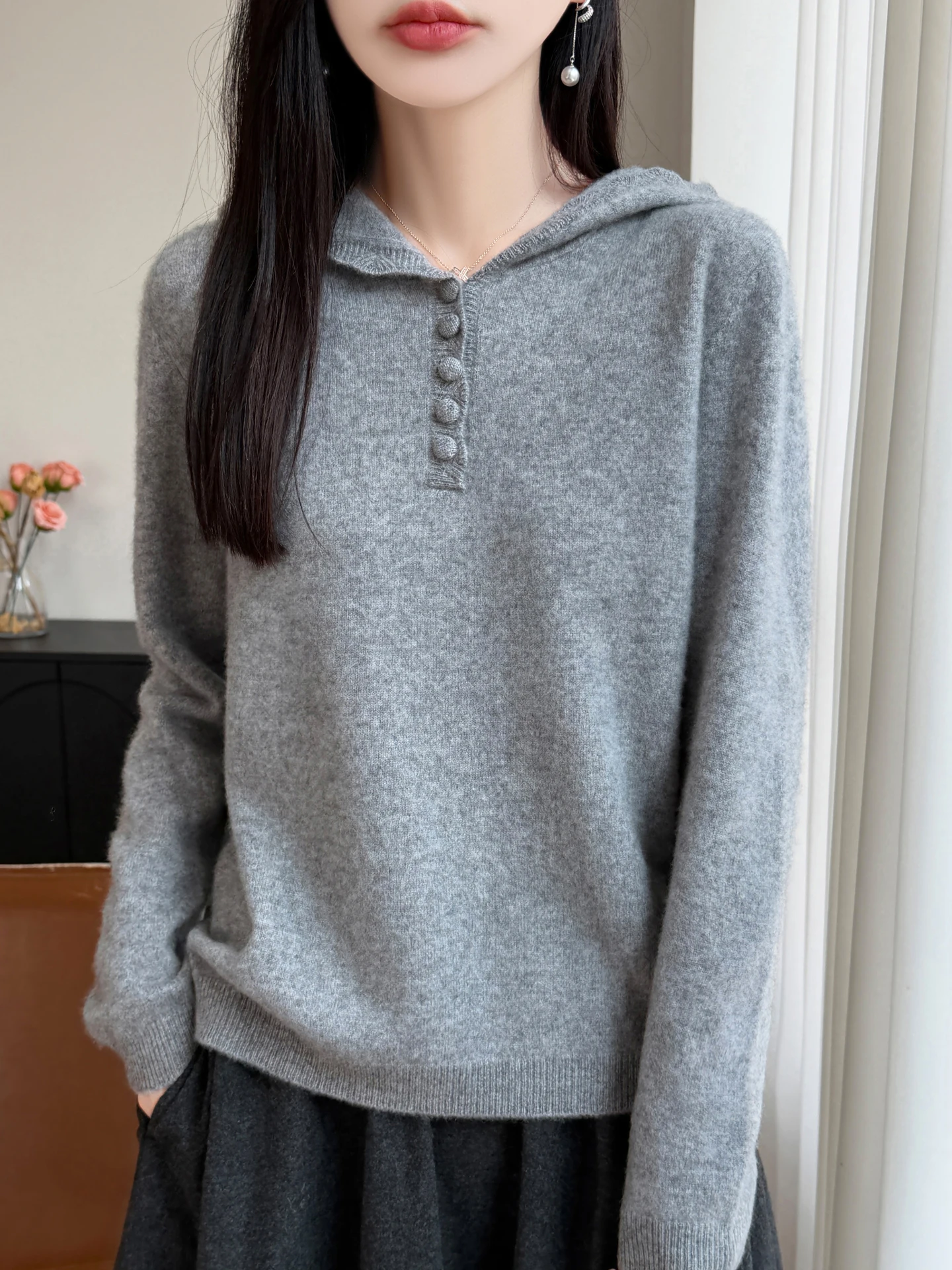100% Merino Wool Hooded Sweater Autumn Winter Women  Button Henley Long Sleeve Pullover Solid Loose Warm Casual Knitwear Top